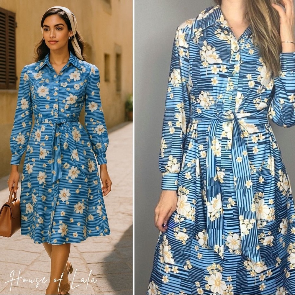 Vintage Floral Button Down Shirt Dress. 70s Dagger Collar. Vacation Chic - Picture 2 of 13